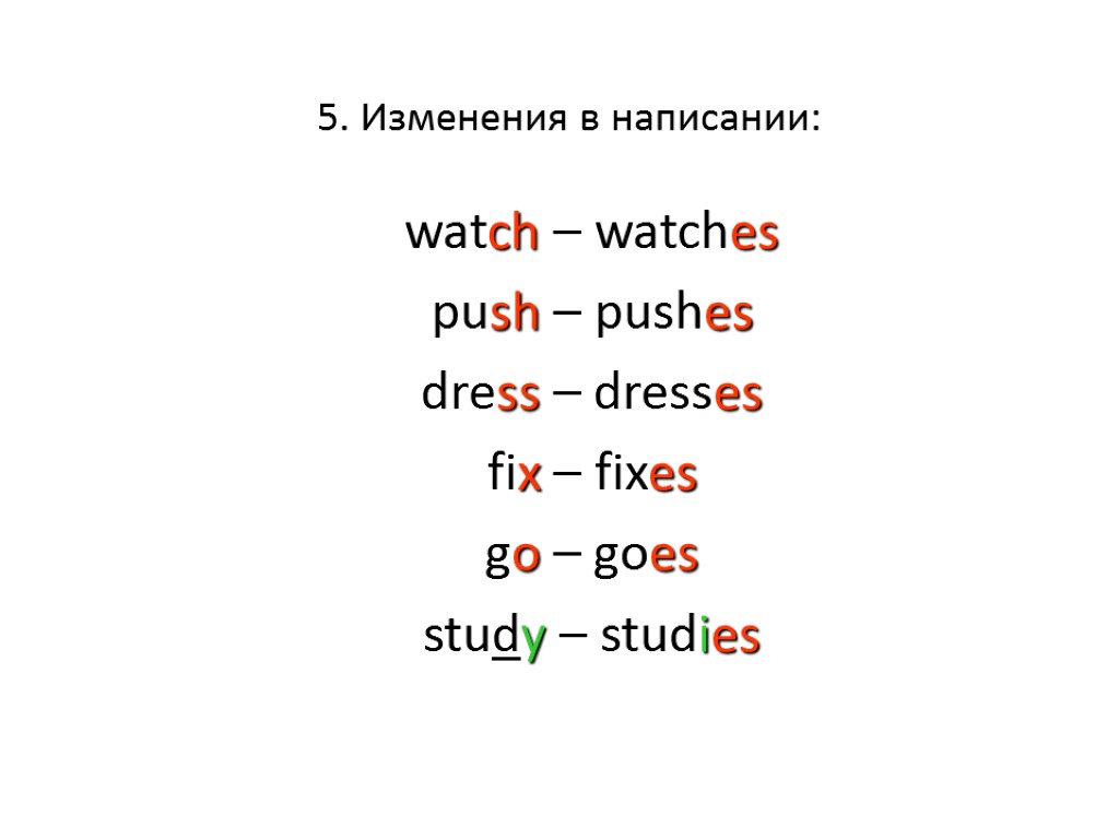 5. Изменения в написании: watch – watches push – pushes dress – dresses fix